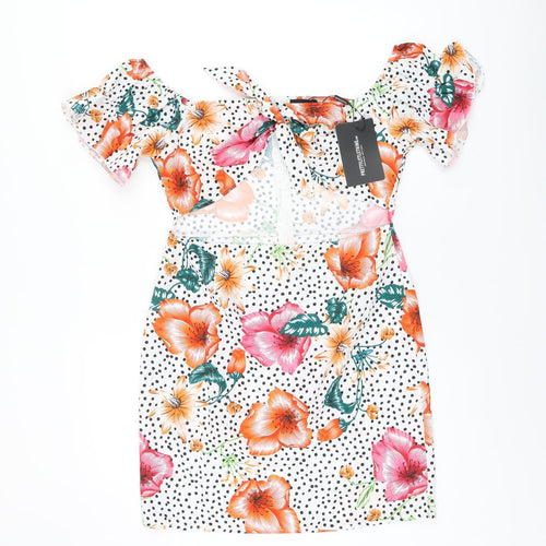 PRETTYLITTLETHING Womens White Floral Polyester Mini Size 10 Off the Shoulder Zip - Polka Dot