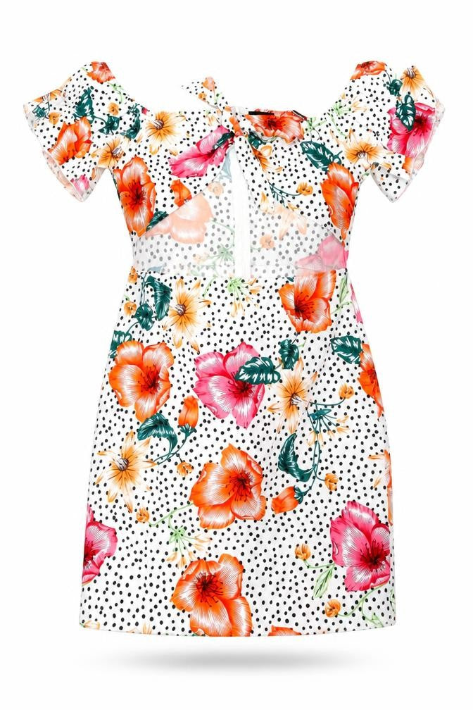 Front view of PRETTYLITTLETHING women’s white floral polyester mini, size UK 10, off the shoulder zip - polka dot