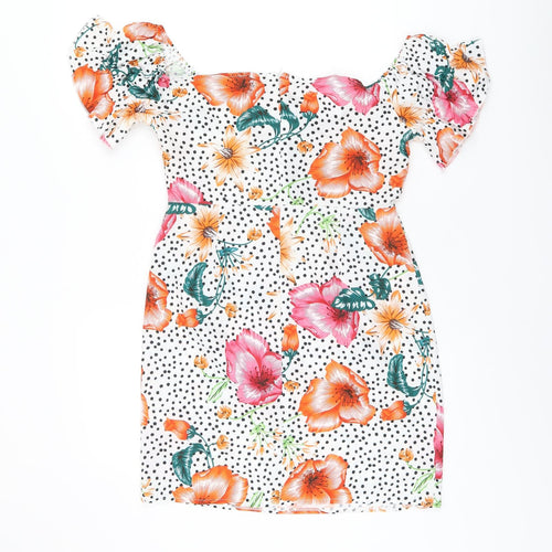 PRETTYLITTLETHING Womens White Floral Polyester Mini Size 10 Off the Shoulder Zip - Polka Dot