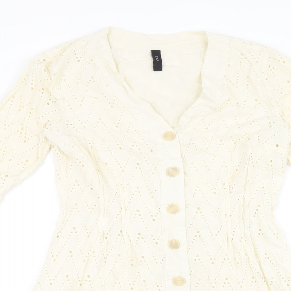 YAS Womens Ivory Cotton Shift Size S V-Neck Button