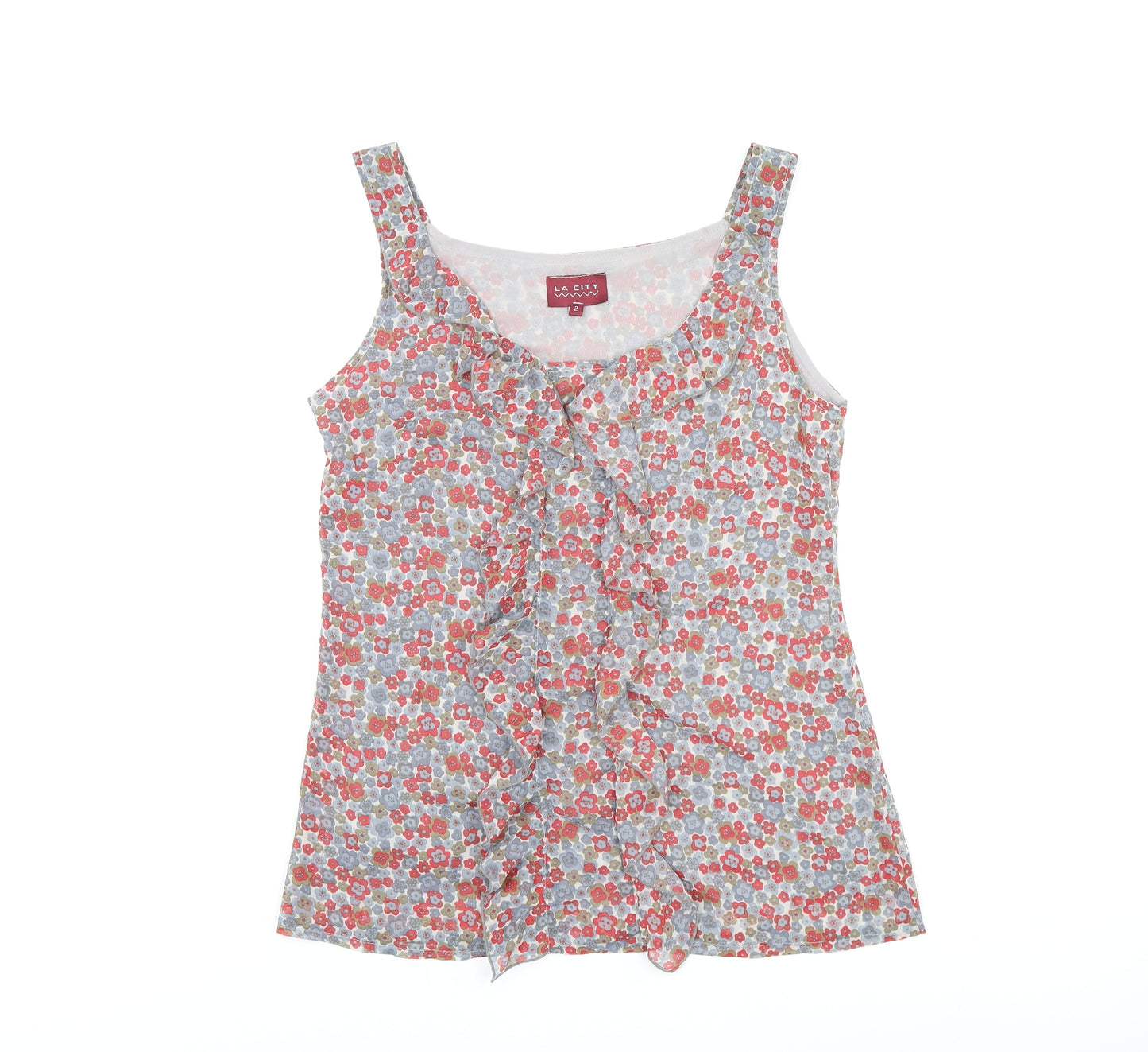 LA CITY Womens Grey Floral Polyester Basic T-Shirt Size 10 Scoop Neck - Frill Detail