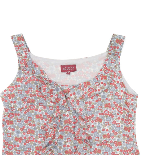 LA CITY Womens Grey Floral Polyester Basic T-Shirt Size 10 Scoop Neck - Frill Detail