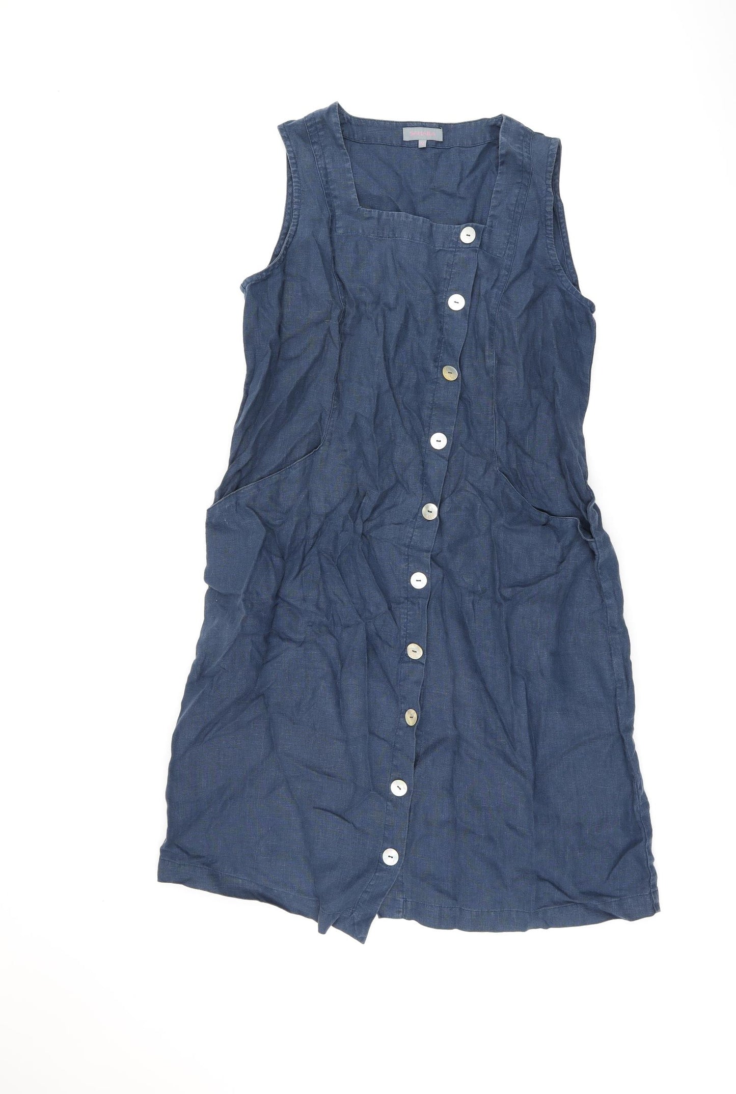 Sahara Womens Blue Linen Shift Size M Square Neck Button