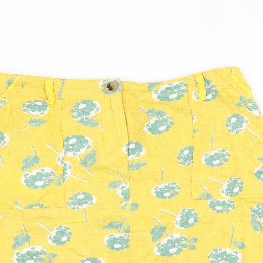 NEXT Womens Yellow Floral Linen Mini Skirt Size 12 Zip