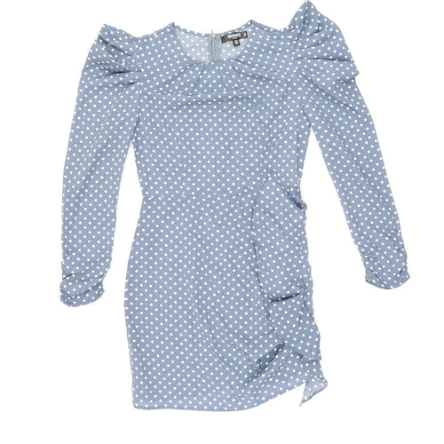Missguided Womens Blue Polka Dot Polyester Bodycon Size 8 Round Neck Zip