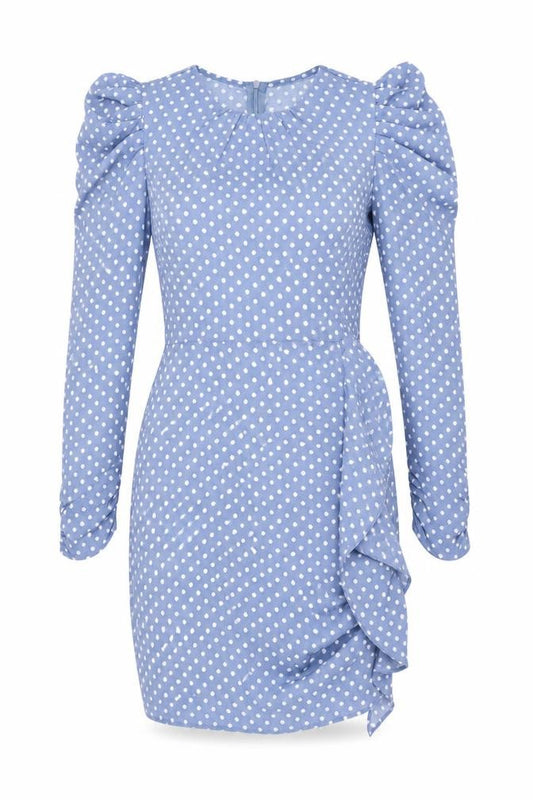 Front view of Missguided women’s blue polka dot polyester bodycon, size UK 8, round neck zip