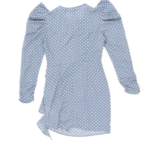 Missguided Womens Blue Polka Dot Polyester Bodycon Size 8 Round Neck Zip