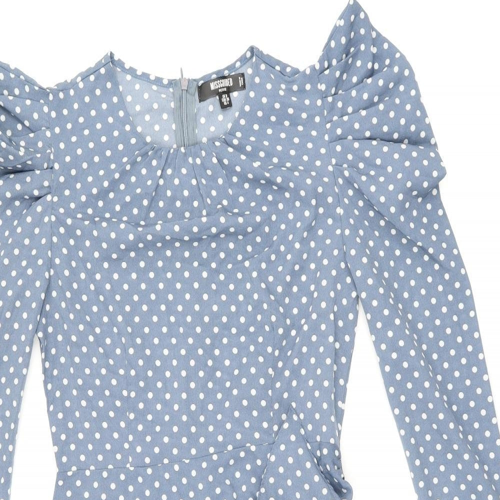 Missguided Womens Blue Polka Dot Polyester Bodycon Size 8 Round Neck Zip