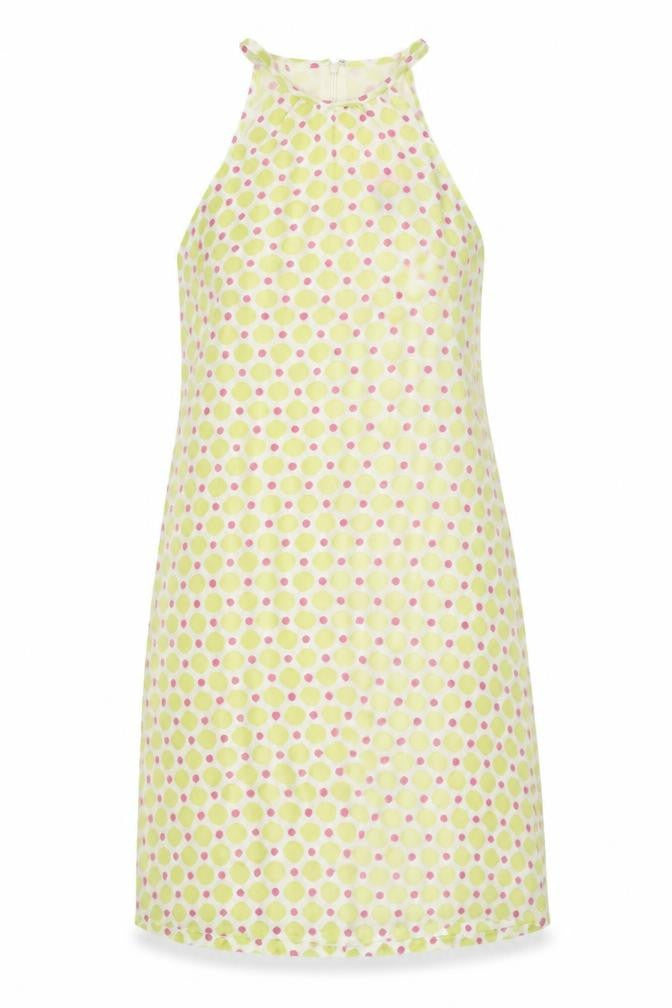 Front view of Saba women’s white polka dot polyester shift, size UK 6, halter zip