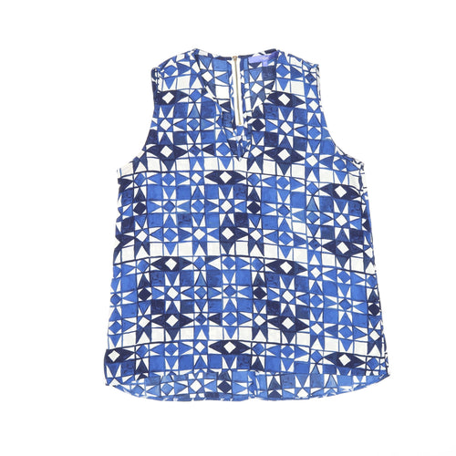 NEXT Womens Blue Geometric Polyester Basic T-Shirt Size 12 V-Neck