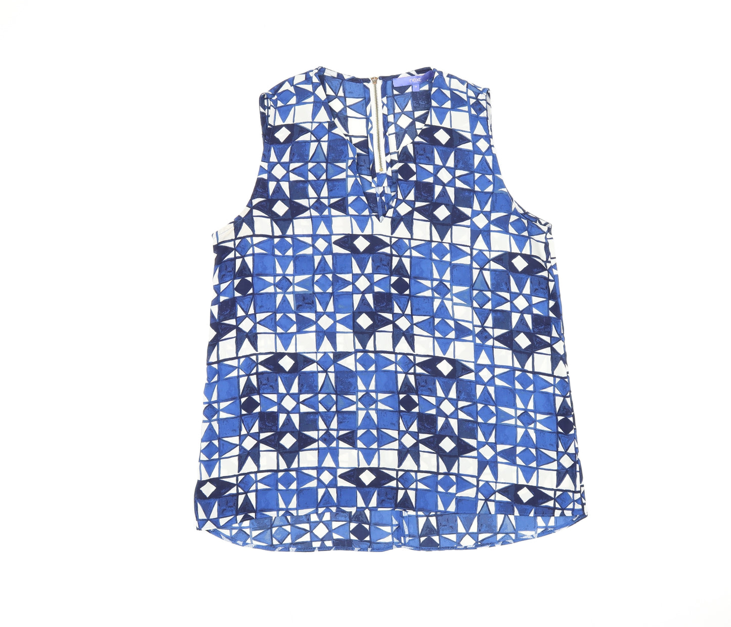 NEXT Womens Blue Geometric Polyester Basic T-Shirt Size 12 V-Neck