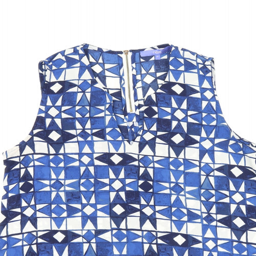 NEXT Womens Blue Geometric Polyester Basic T-Shirt Size 12 V-Neck