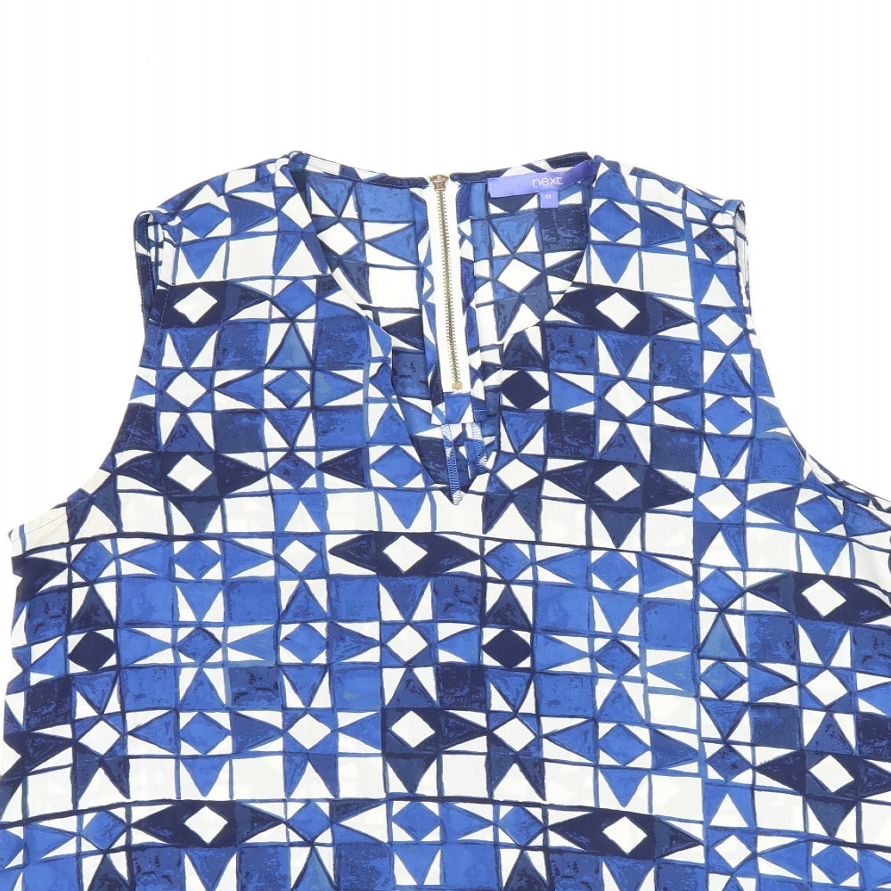 NEXT Womens Blue Geometric Polyester Basic T-Shirt Size 12 V-Neck