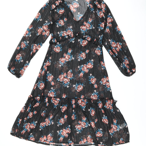 INNOCENCE Womens Black Floral Polyester Shift Size 10 V-Neck Zip - Sheer