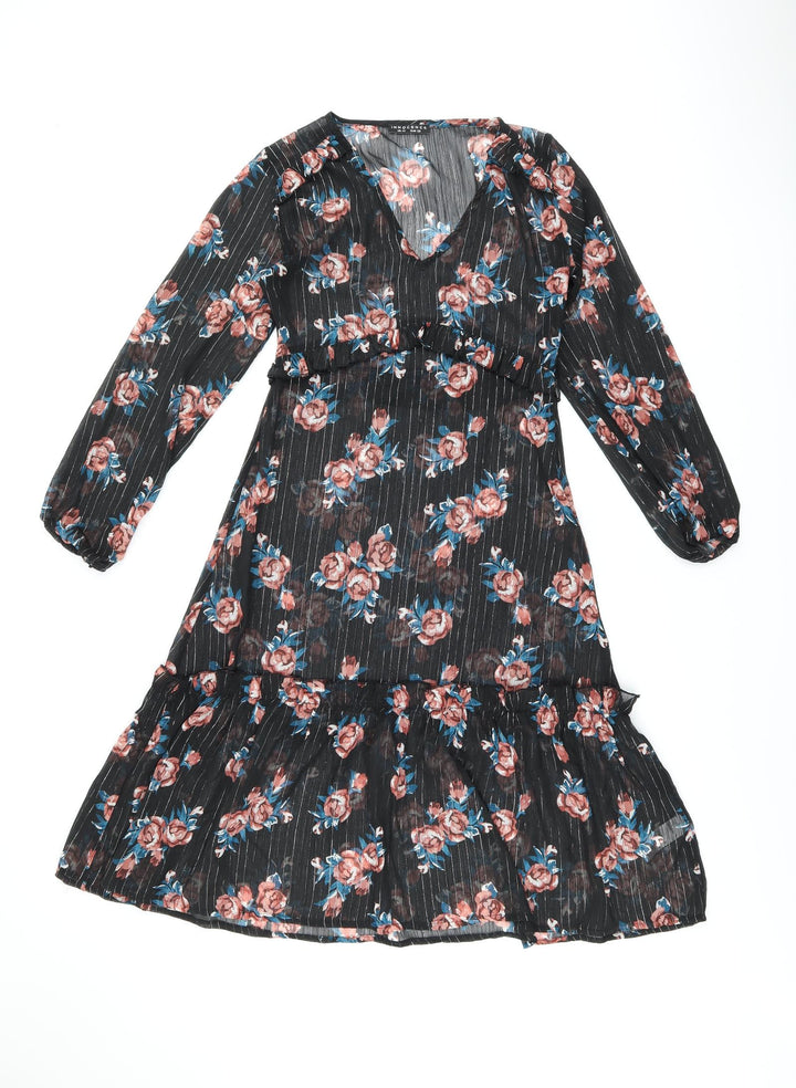 INNOCENCE Womens Black Floral Polyester Shift Size 10 V-Neck Zip - Sheer
