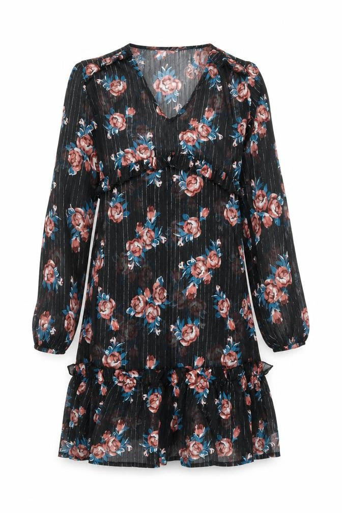 Front view of INNOCENCE women’s black floral polyester shift, size UK 10, v-neck zip - sheer
