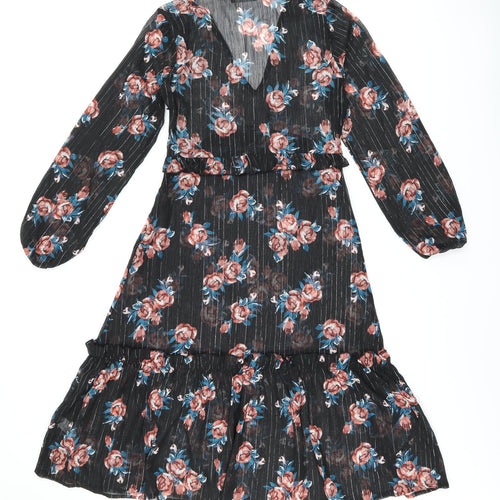 INNOCENCE Womens Black Floral Polyester Shift Size 10 V-Neck Zip - Sheer