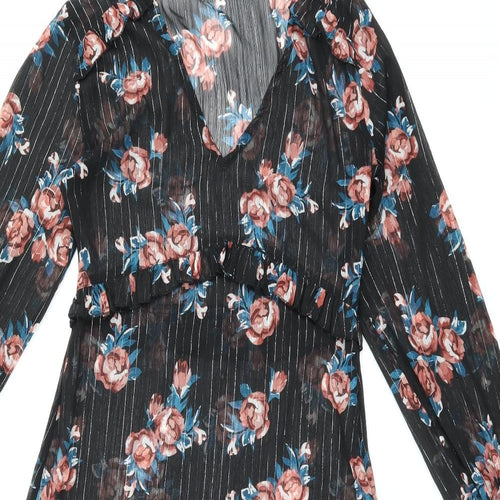 INNOCENCE Womens Black Floral Polyester Shift Size 10 V-Neck Zip - Sheer
