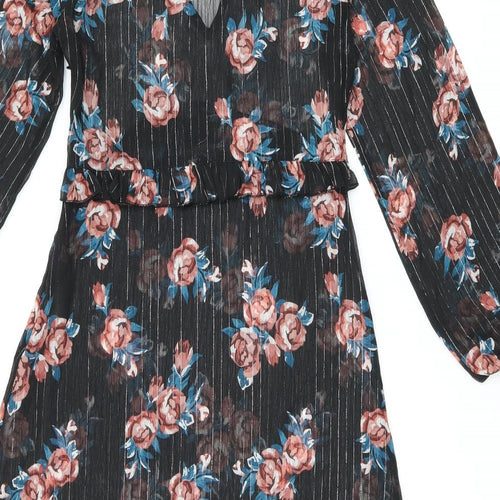 INNOCENCE Womens Black Floral Polyester Shift Size 10 V-Neck Zip - Sheer