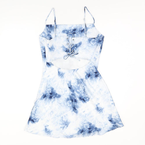 Cotton Candy Womens Blue Tie Dye Polyester Skater Dress Size M Square Neck Tie