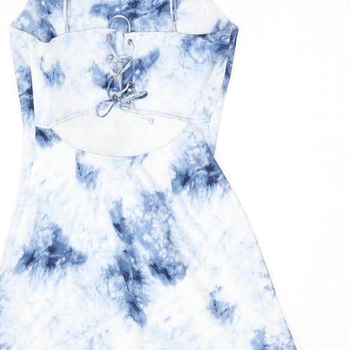 Cotton Candy Womens Blue Tie Dye Polyester Skater Dress Size M Square Neck Tie