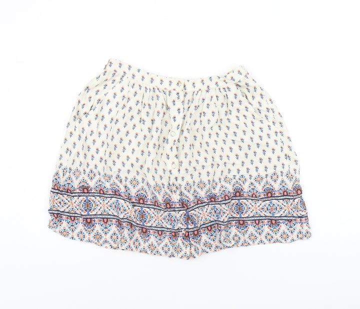 New Look Womens Ivory Floral Viscose Mini Skirt Size 6 Button
