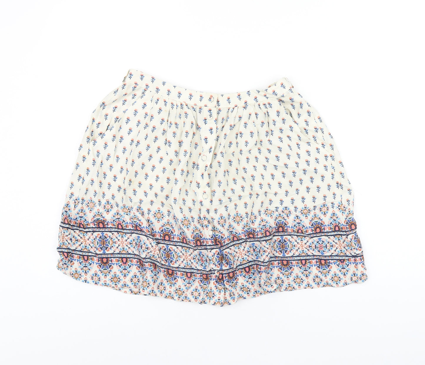New Look Womens Ivory Floral Viscose Mini Skirt Size 6 Button