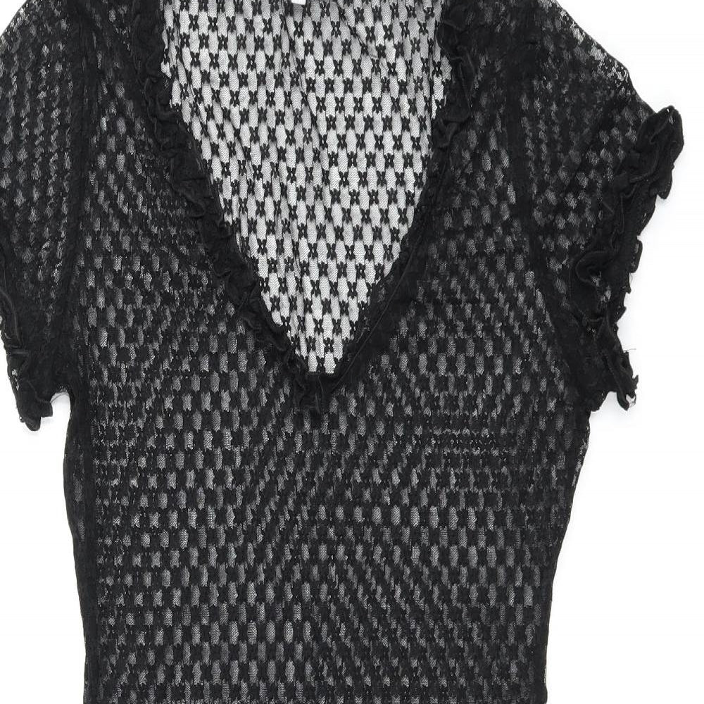 Emory Park Womens Black Floral Polyester Bodycon Size M V-Neck Pullover - Sheer