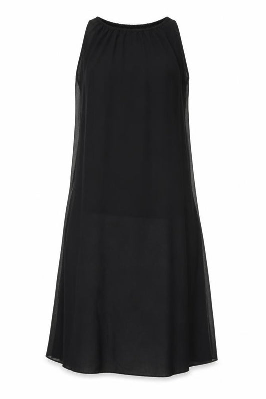 Front view of Boohoo women’s black polyester shift, size UK 10, round neck pullover