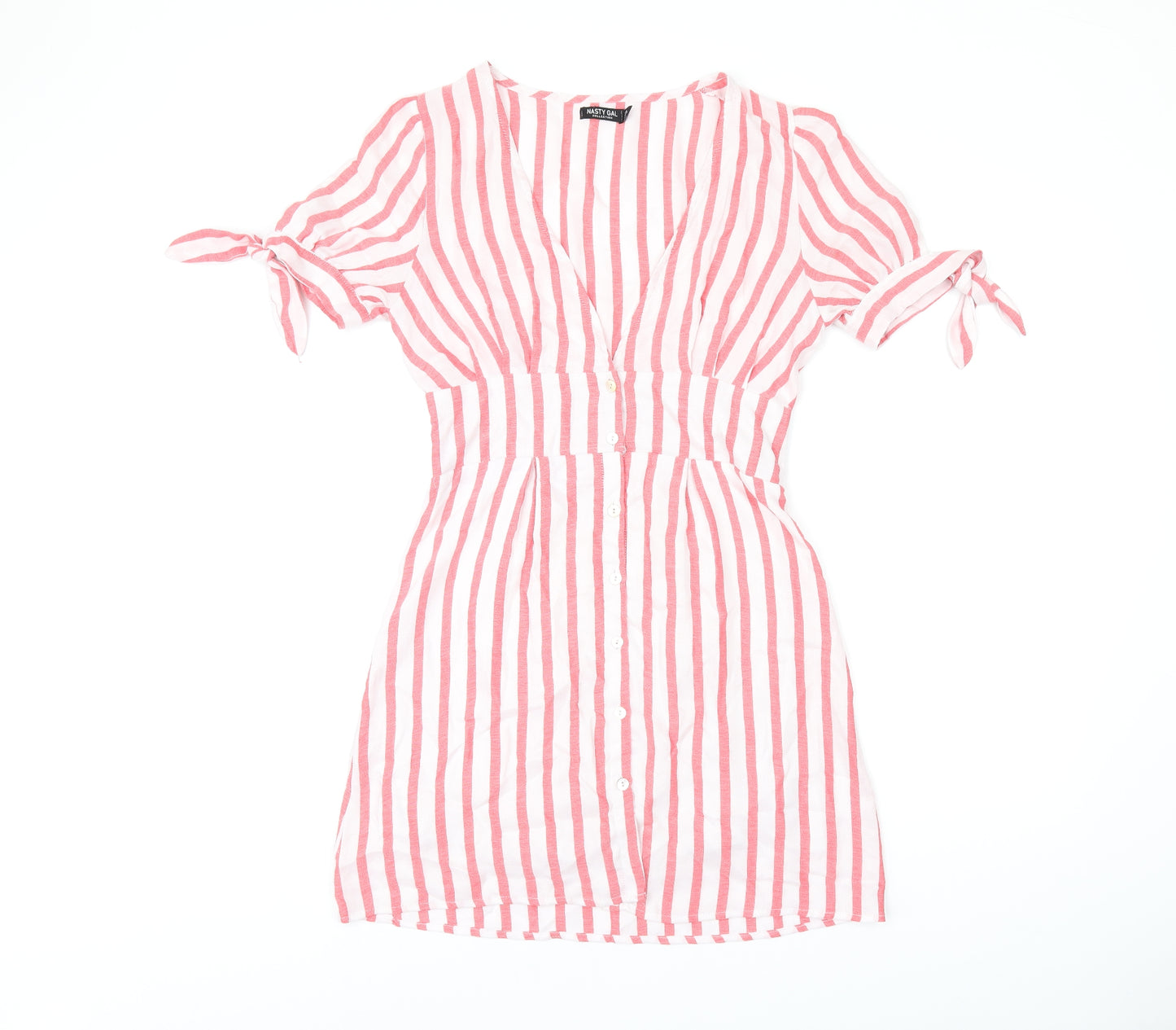 Nasty Gal Womens White Striped Polyester Skater Dress Size 8 V-Neck Button