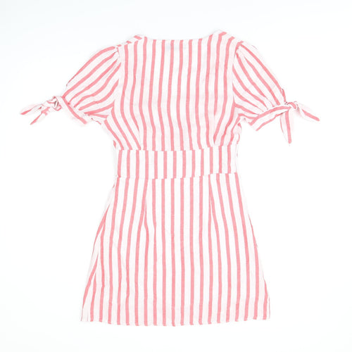 Nasty Gal Womens White Striped Polyester Skater Dress Size 8 V-Neck Button