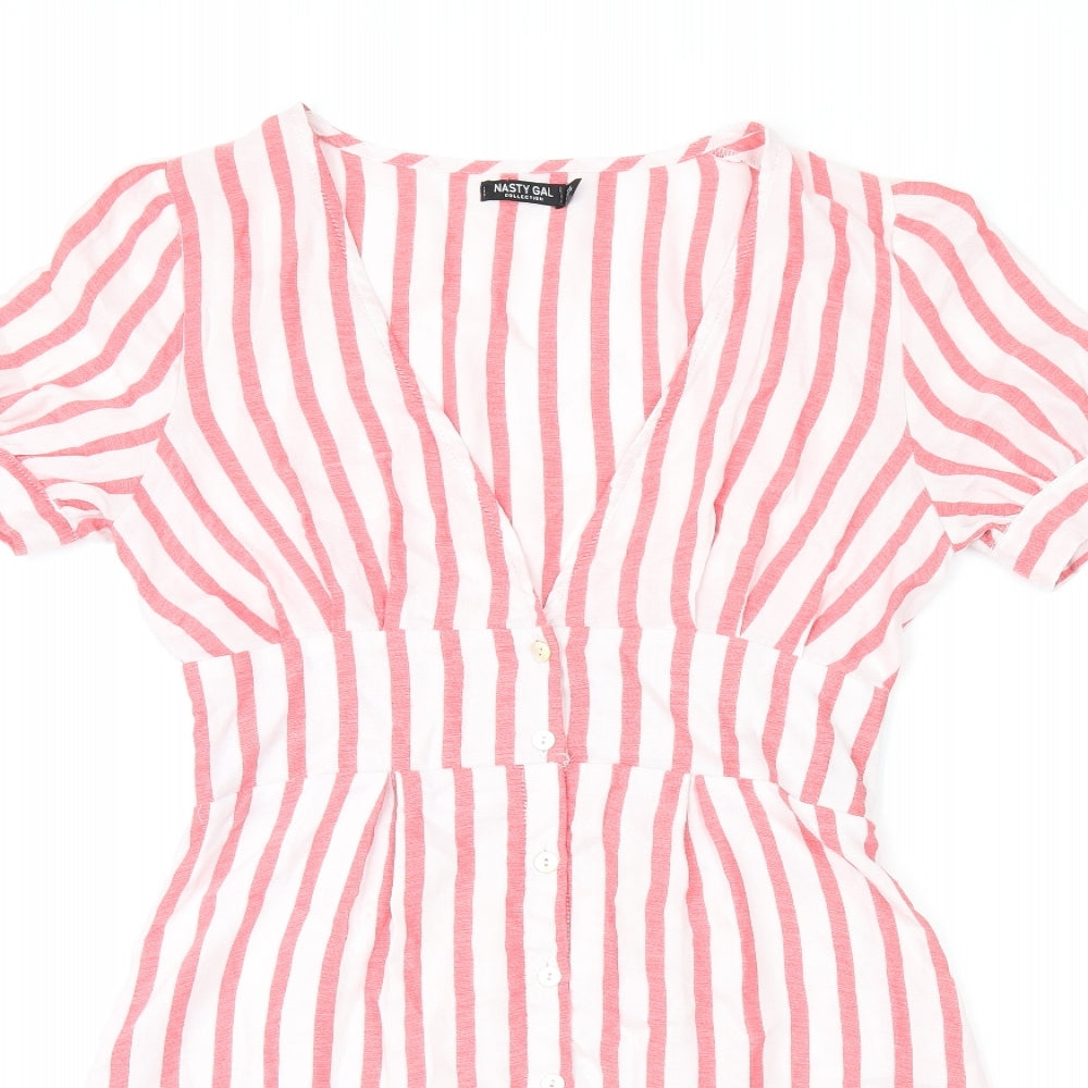 Nasty Gal Womens White Striped Polyester Skater Dress Size 8 V-Neck Button