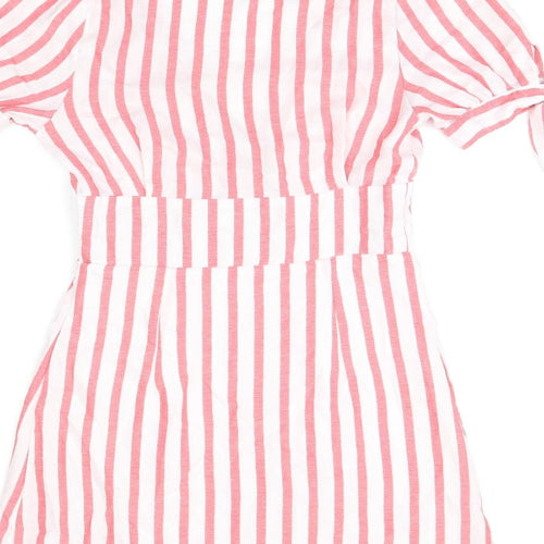 Nasty Gal Womens White Striped Polyester Skater Dress Size 8 V-Neck Button