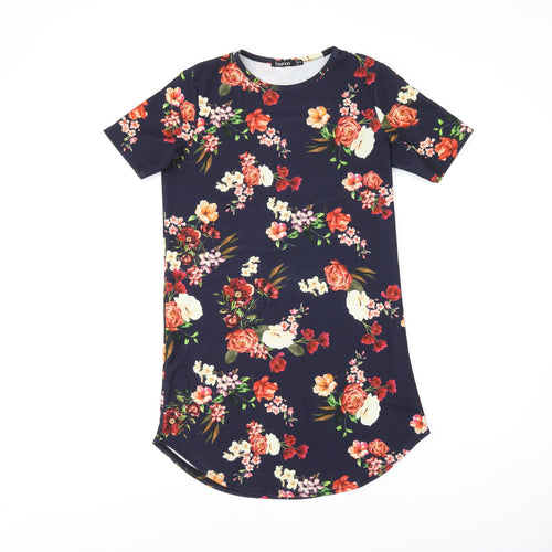 Boohoo Womens Blue Floral Polyester Shift Size 8 Round Neck Pullover