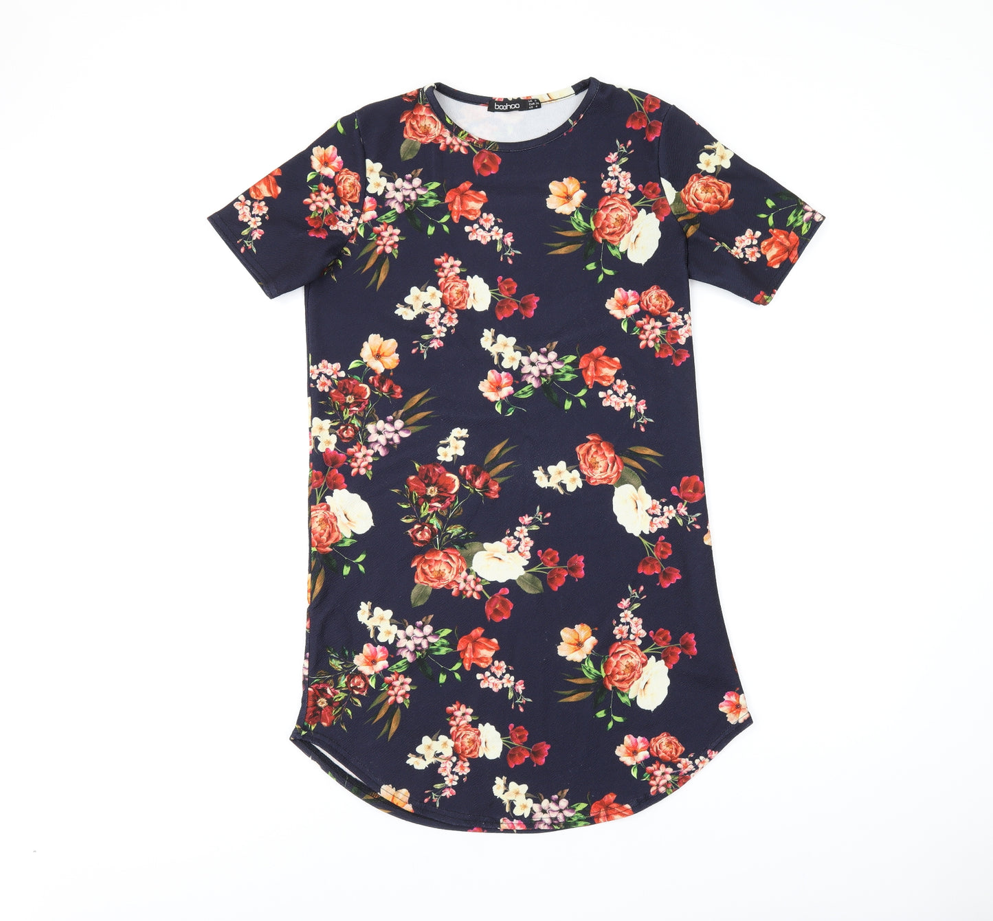Boohoo Womens Blue Floral Polyester Shift Size 8 Round Neck Pullover
