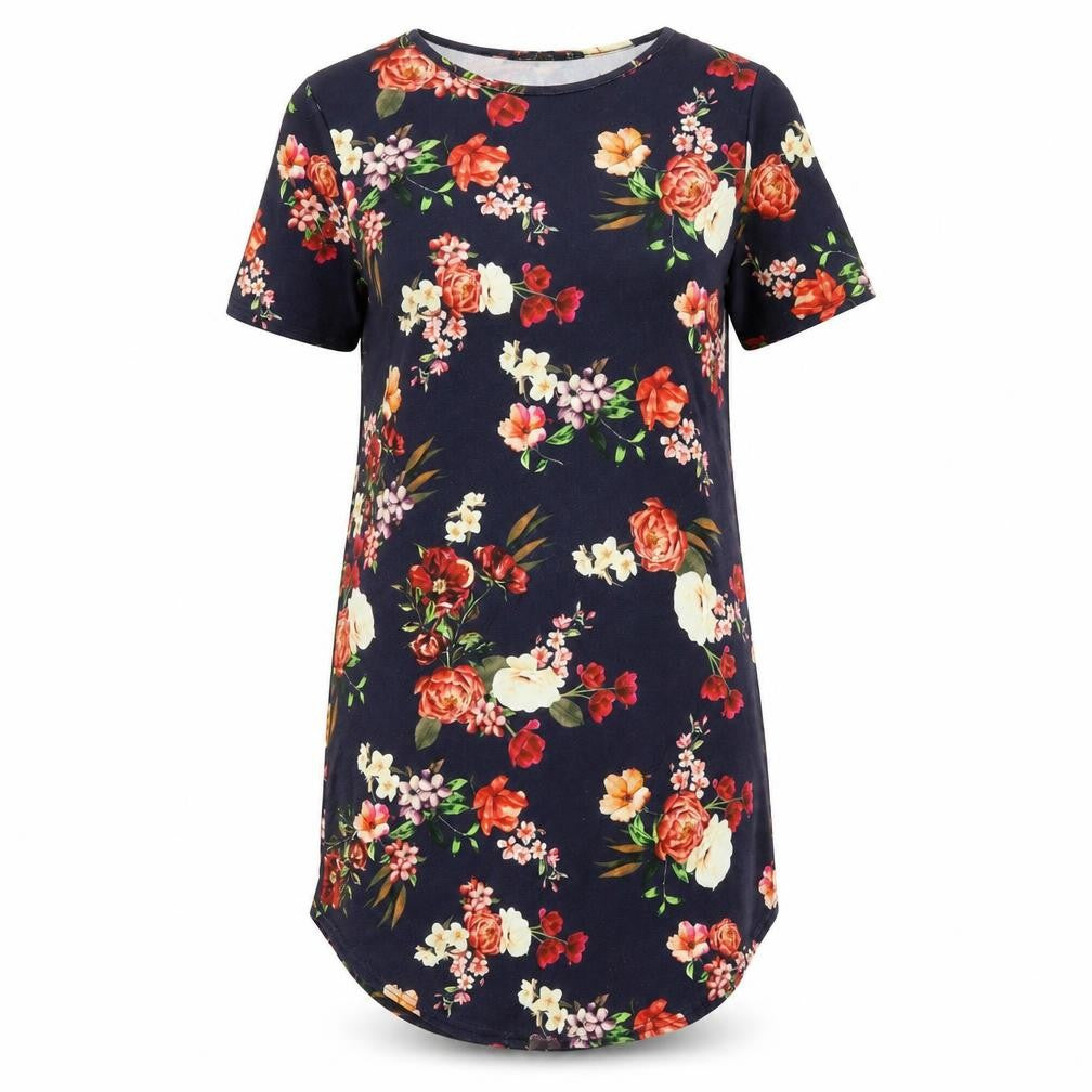 Front view of Boohoo women’s blue floral polyester shift, size UK 8, round neck pullover