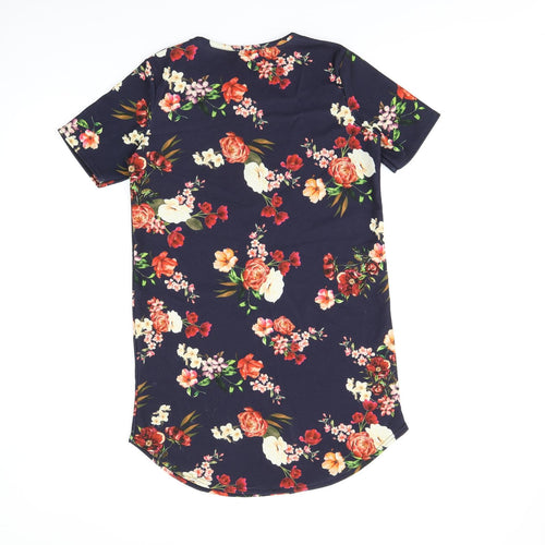 Boohoo Womens Blue Floral Polyester Shift Size 8 Round Neck Pullover