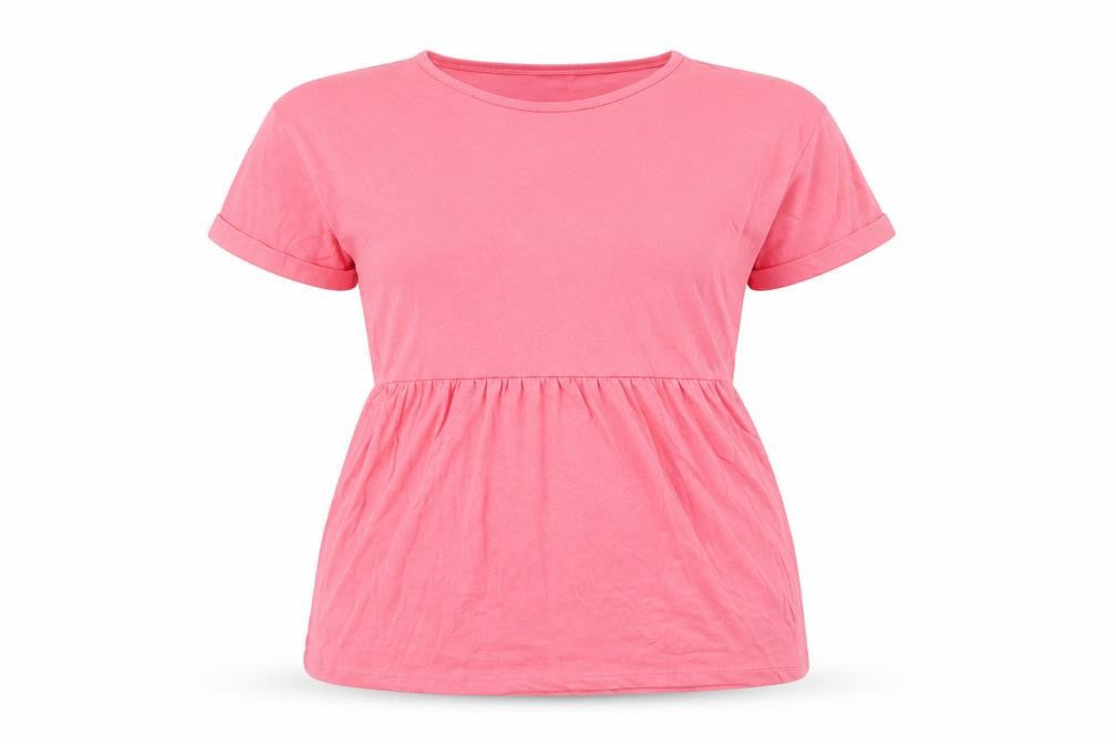 Front view of LTS women’s pink polyester basic t-shirt, size UK 12, round neck