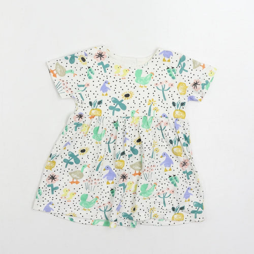 Marks and Spencer Girls White Geometric Cotton A-Line Size 18-24 Months Crew Neck Button
