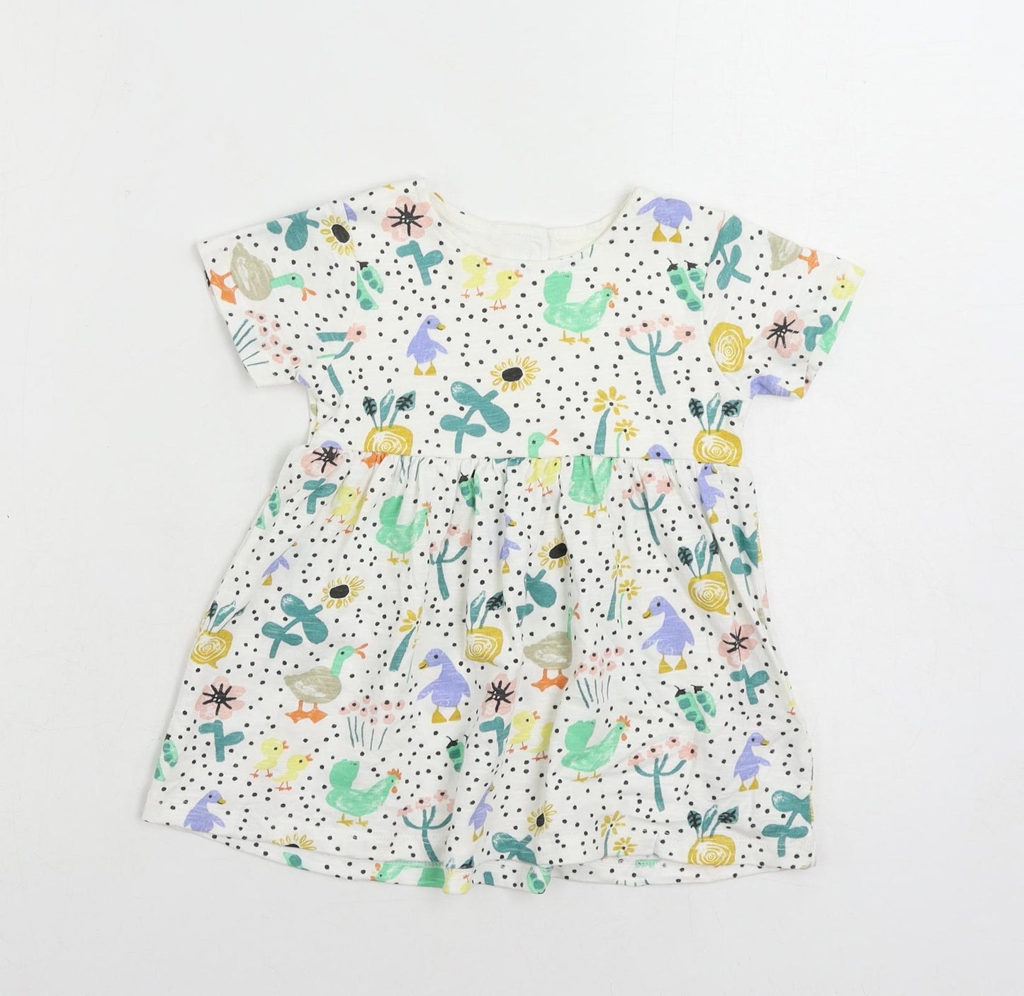 Marks and Spencer Girls White Geometric Cotton A-Line Size 18-24 Months Crew Neck Button
