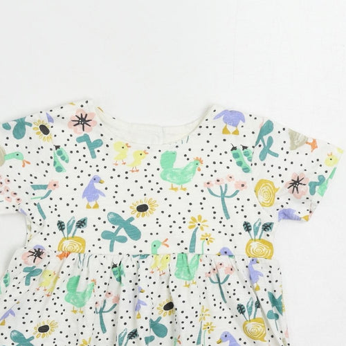 Marks and Spencer Girls White Geometric Cotton A-Line Size 18-24 Months Crew Neck Button