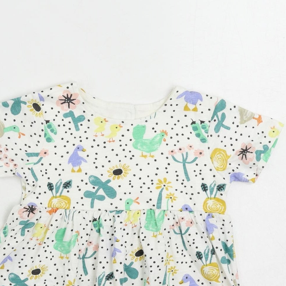 Marks and Spencer Girls White Geometric Cotton A-Line Size 18-24 Months Crew Neck Button