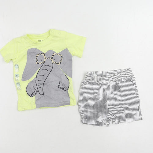 Marks and Spencer Baby Yellow Striped Cotton Shorts Set Outfit/Set Size 6-9 Months Pullover - Elephant