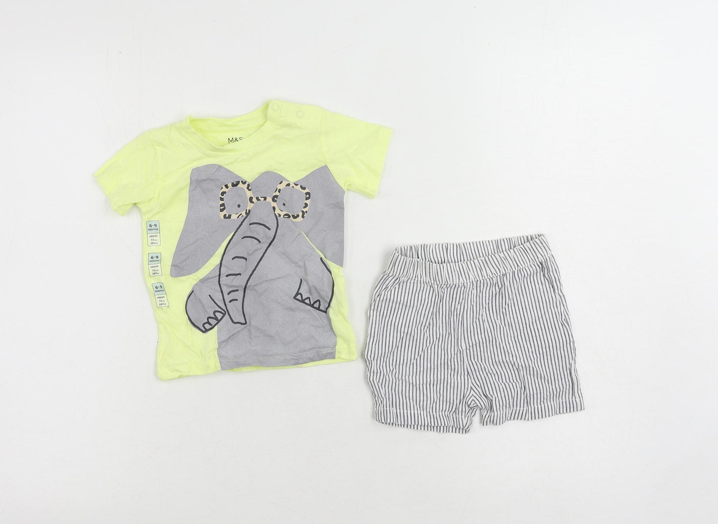 Marks and Spencer Baby Yellow Striped Cotton Shorts Set Outfit/Set Size 6-9 Months Pullover - Elephant