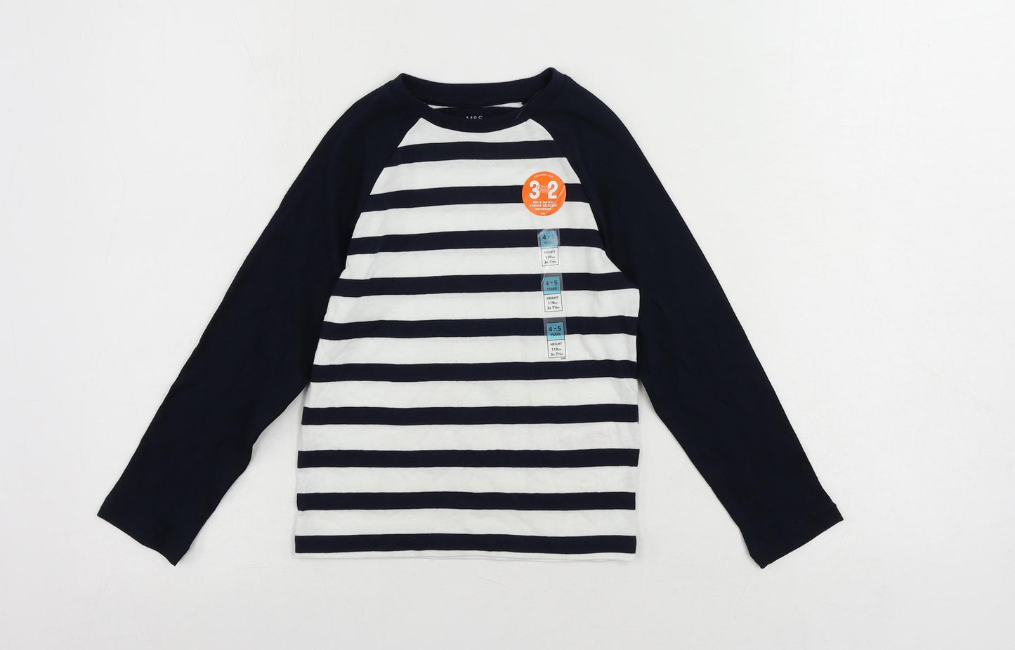 Marks and Spencer Boys Blue Striped Cotton Pullover T-Shirt Size 4-5 Years Crew Neck Pullover