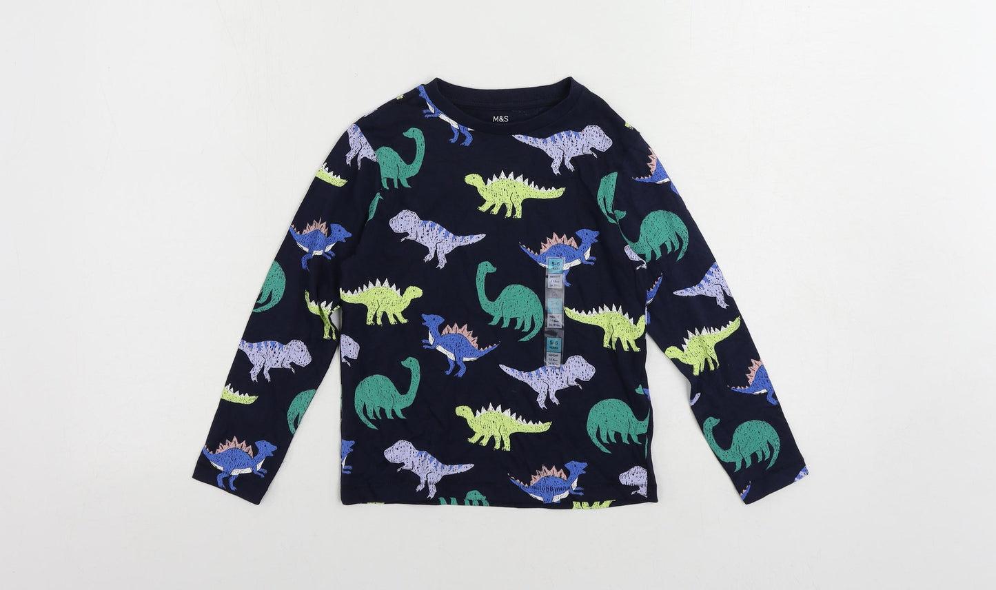 Marks and Spencer Boys Blue Geometric Cotton Pullover T-Shirt Size 5-6 Years Crew Neck Pullover - Dinosaur Print