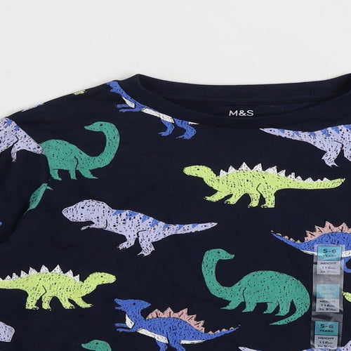 Marks and Spencer Boys Blue Geometric Cotton Pullover T-Shirt Size 5-6 Years Crew Neck Pullover - Dinosaur Print