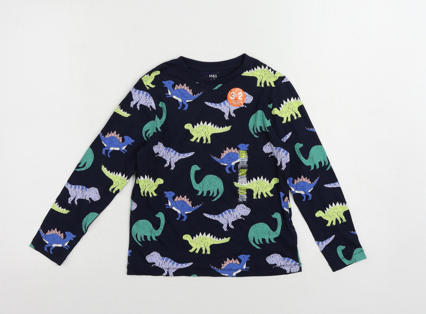 Marks and Spencer Boys Blue Geometric Cotton Pullover T-Shirt Size 6-7 Years Crew Neck Pullover - Dinosaur Print