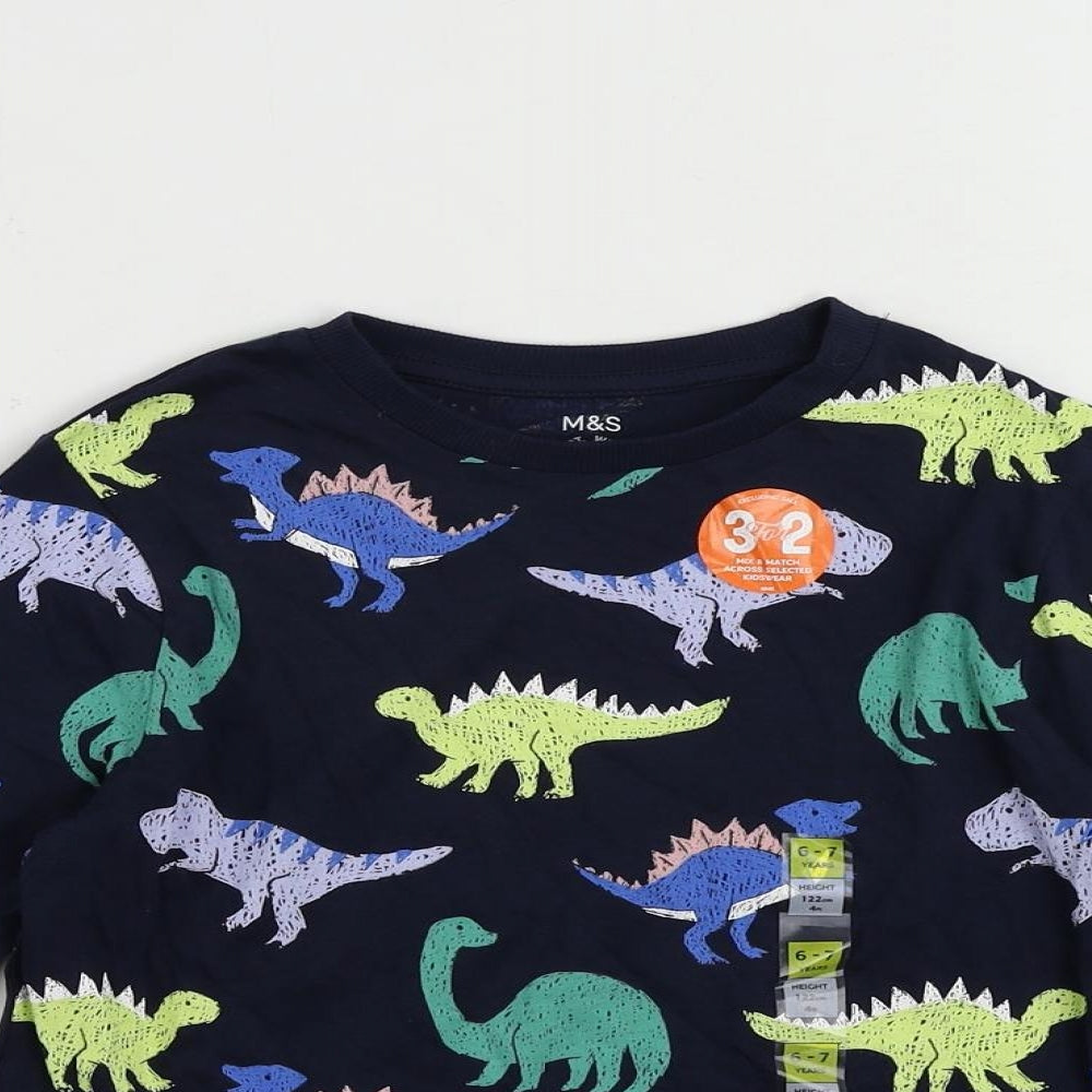 Marks and Spencer Boys Blue Geometric Cotton Pullover T-Shirt Size 6-7 Years Crew Neck Pullover - Dinosaur Print