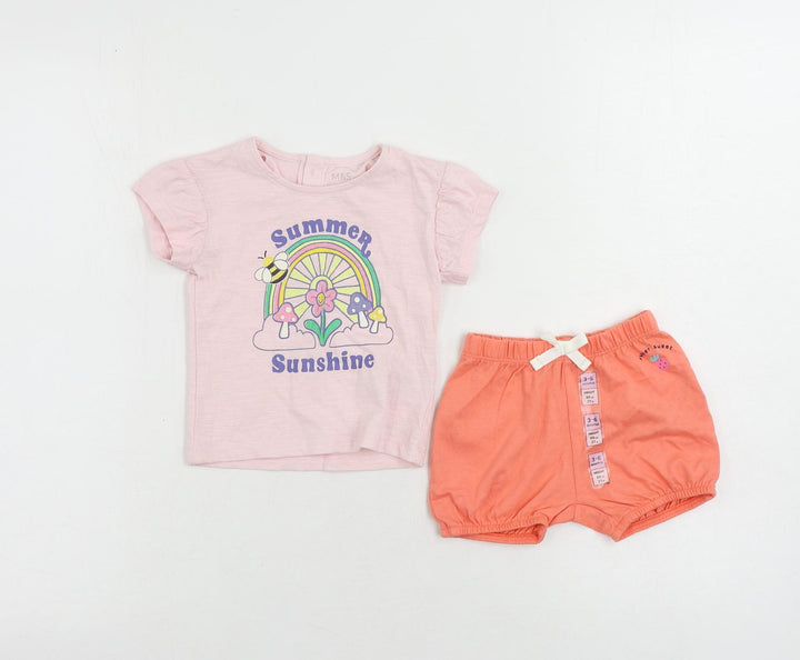 Marks and Spencer Baby Pink Cotton Shorts Set Outfit/Set Size 3-6 Months - Summer